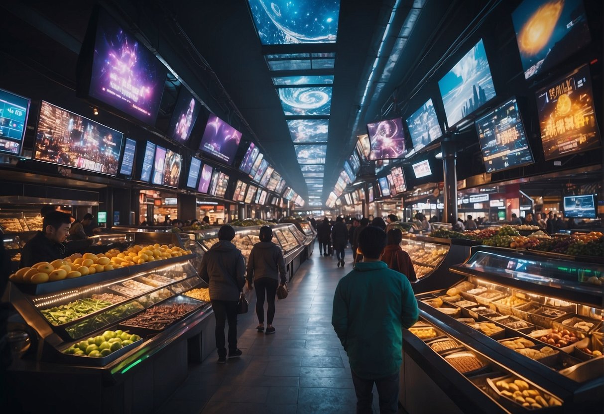 A bustling market with futuristic space-themed video game technology on display. Bright lights and vibrant colors fill the scene, with sleek and modern designs capturing the imagination of onlookers