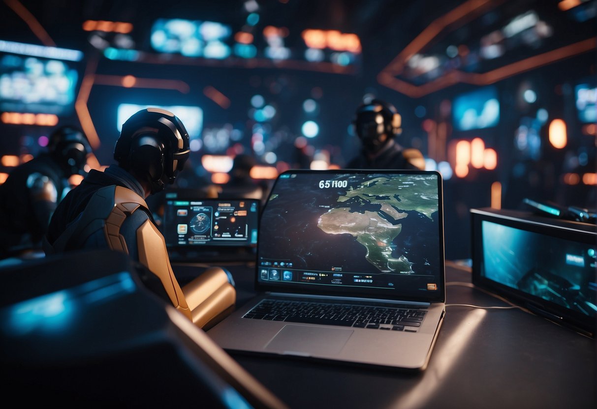 A futuristic space-themed video game takes place in a virtual world, with players interacting through the internet, showcasing the evolution of online gaming technology