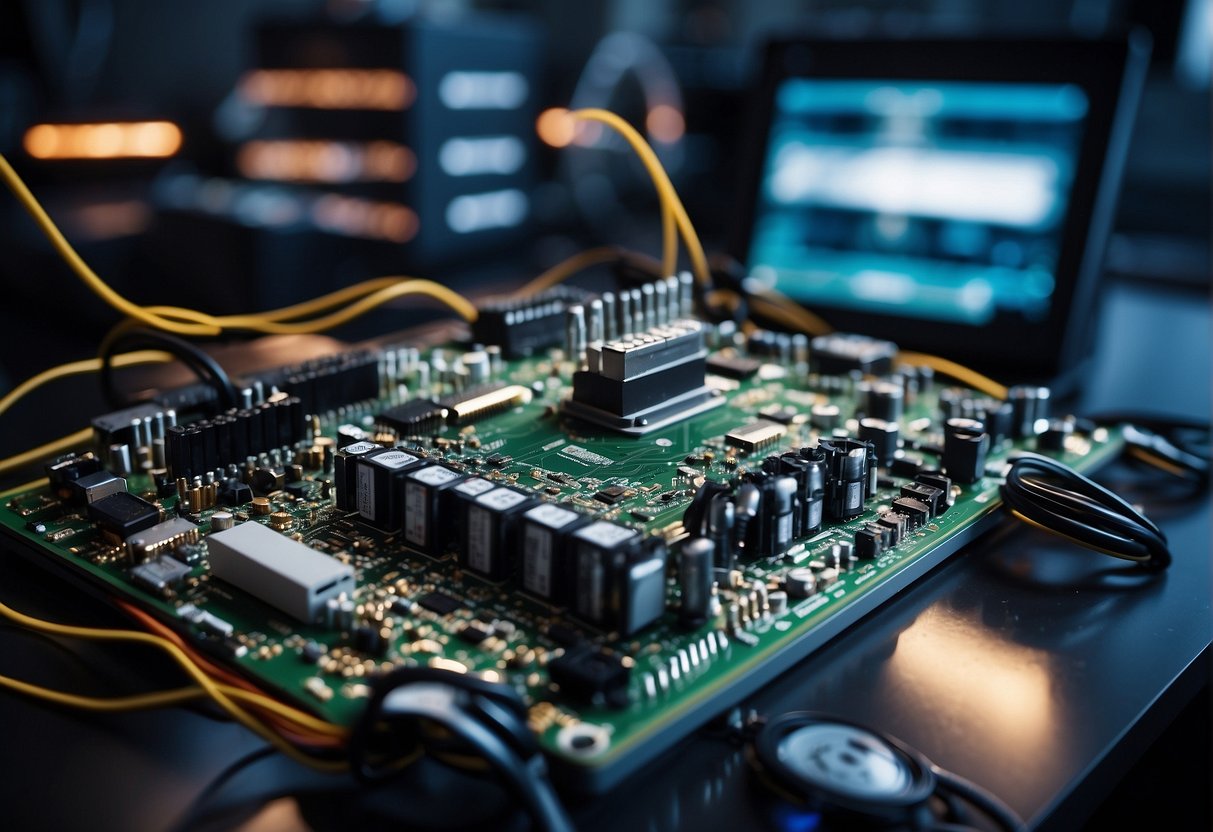 A table scattered with various AI chips, wires, and circuit boards. A computer screen displays lines of code and a robotic arm hovers in the background