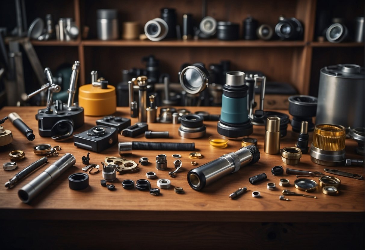 A workbench with various tools and materials spread out, including lenses, tubes, and screws for building a telescope