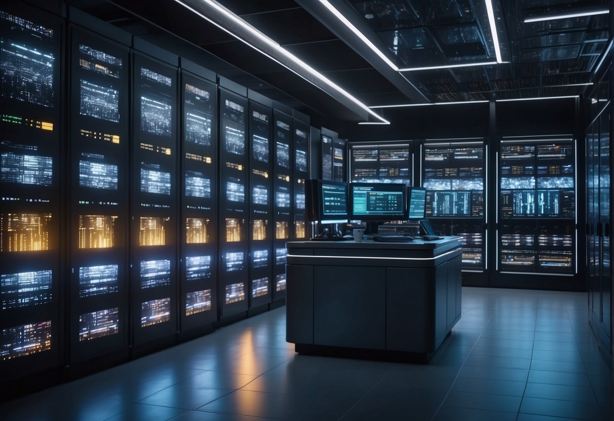 AI chips processing data in a sleek, futuristic server room. Bright lights and glowing screens illuminate the space, showcasing the power and efficiency of the technology