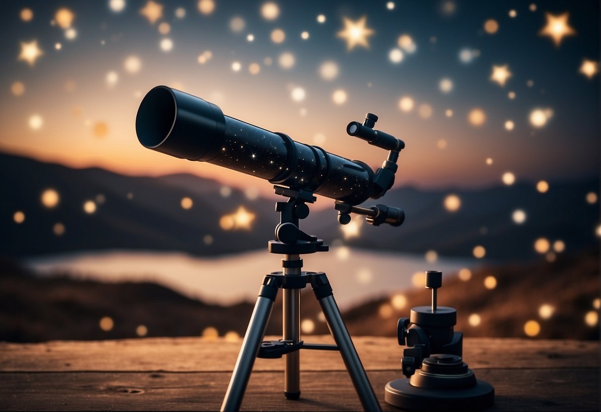 A clear night sky filled with twinkling stars, a table covered with telescope components, tools, and a step-by-step guidebook