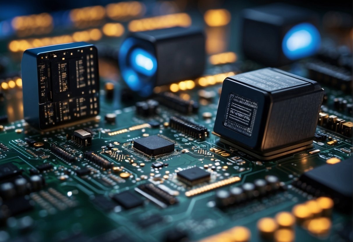 AI chips buzz with activity, surrounded by circuitry and digital displays, symbolizing the cutting-edge of technological innovation