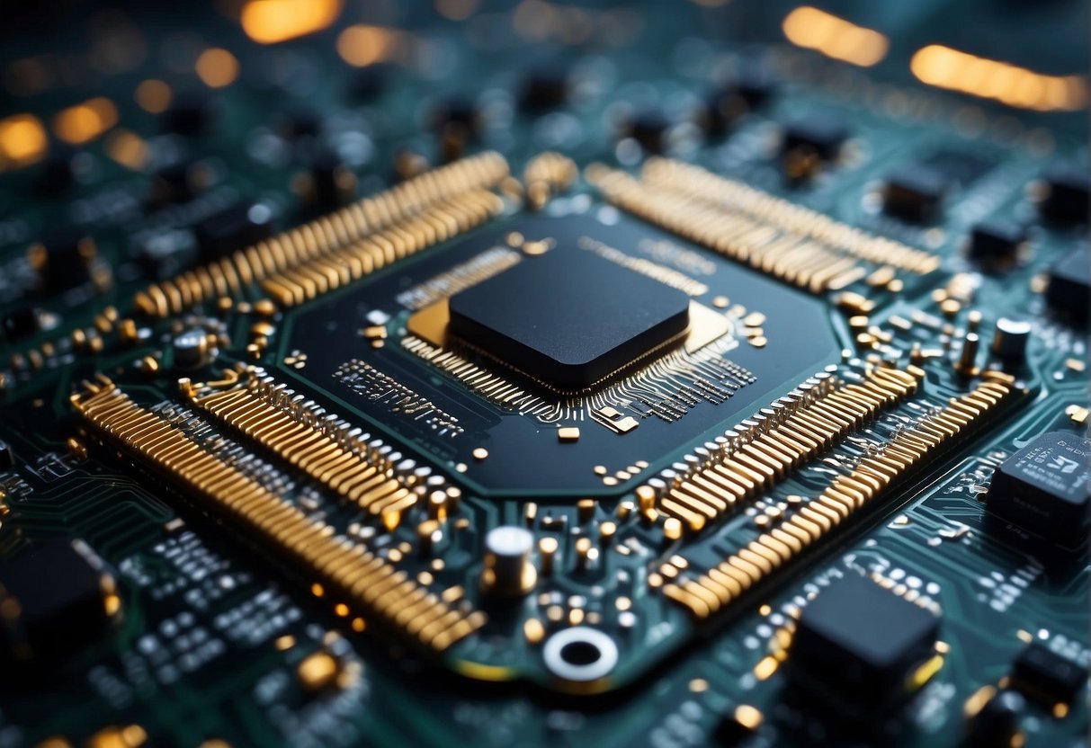 A computer chip surrounded by software code and AI applications in a futuristic, tech-filled environment