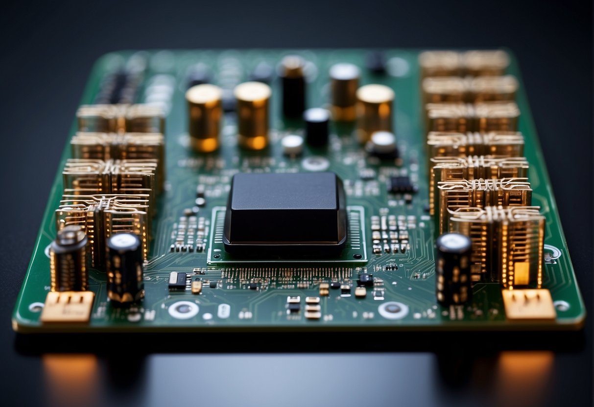 AI chips arranged in a complex circuit, surrounded by cooling systems and connected to a power source