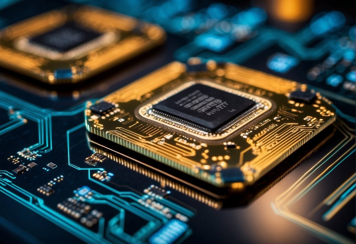 AI chips regulate and boost economy, depicted by a computer chip surrounded by graphs and dollar signs