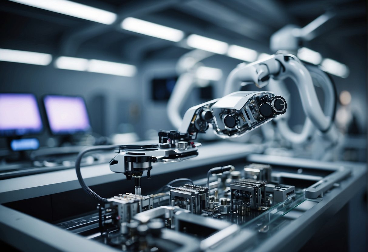 A futuristic, sleek AI chip being assembled by robotic arms in a high-tech cleanroom facility. Advanced machinery and computer monitors fill the room