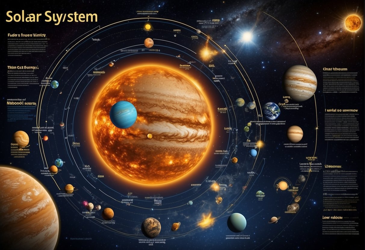 A colorful poster displays the solar system, with labeled planets and their orbits. A chart illustrates the life cycle of stars, from formation to supernova