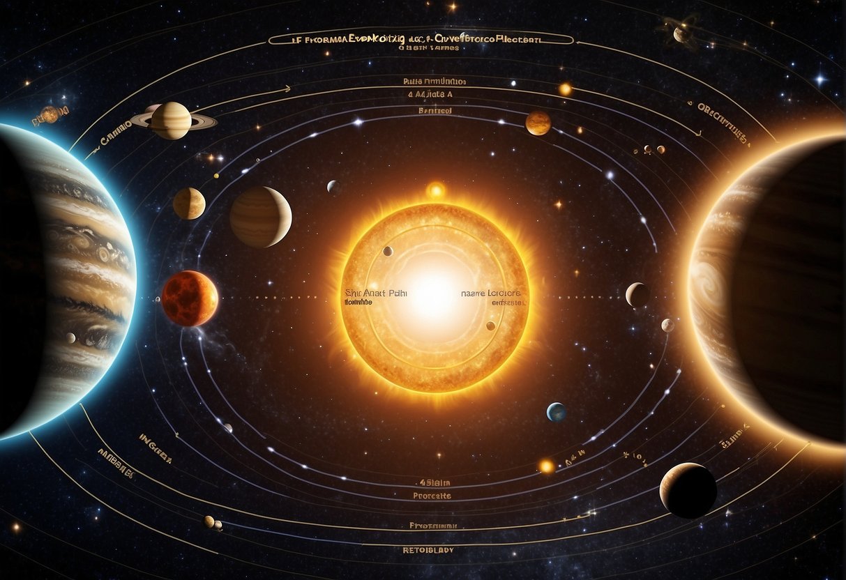 The Solar System: Sun at center, eight planets orbiting. Each planet labeled with name and key characteristics. Background includes stars and galaxies
