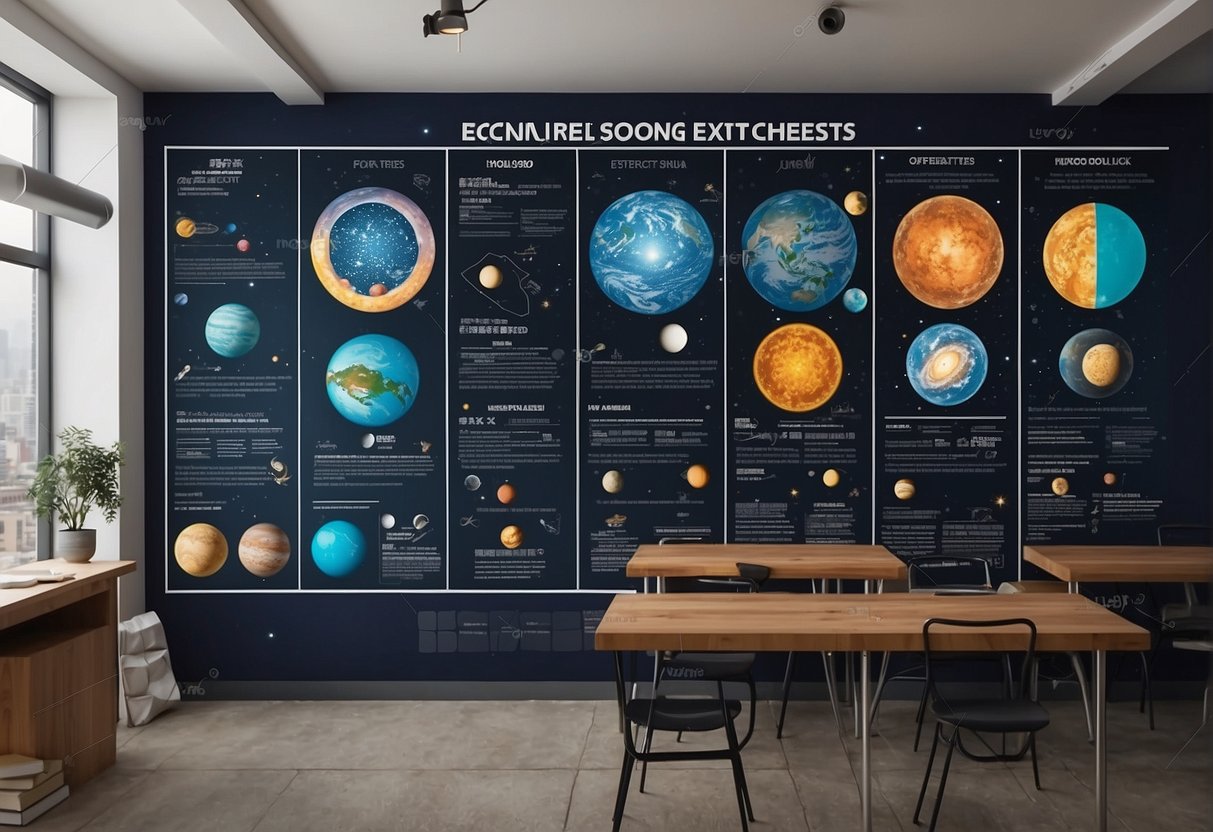 Educational posters and charts about the universe are displayed on the walls, with colorful illustrations and clear explanations