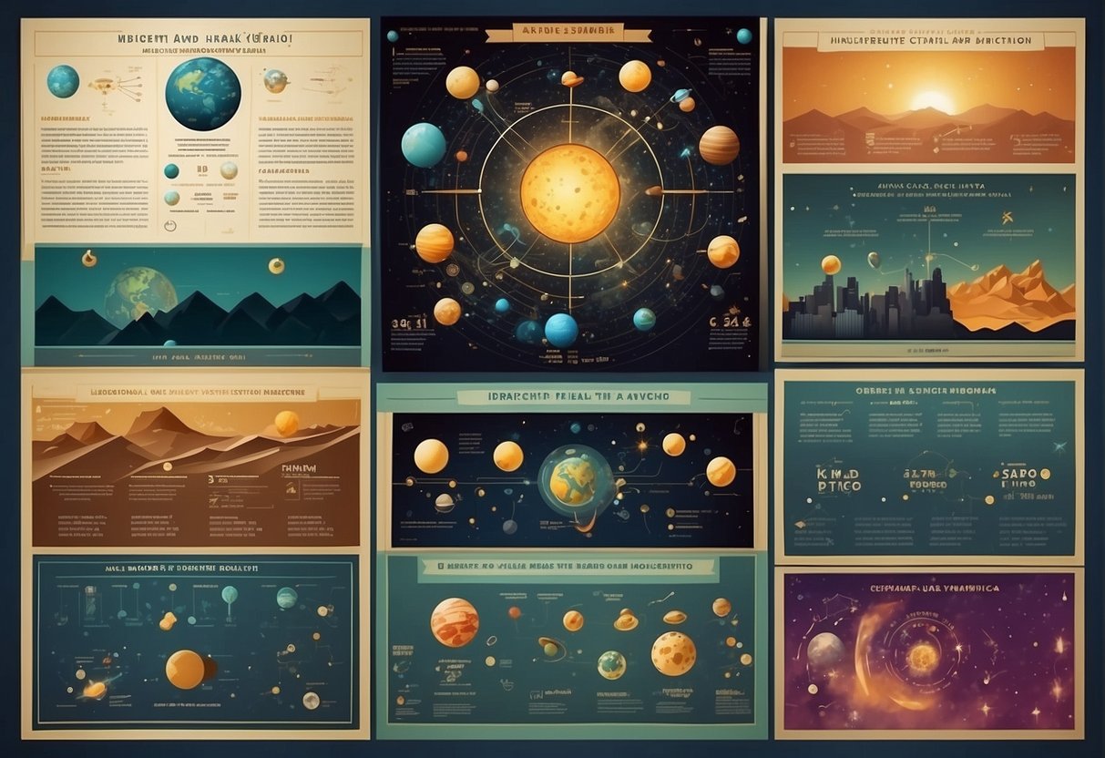 Astronomy and biology concepts displayed in colorful posters and charts, showcasing the wonders of the universe and the intricacies of life
