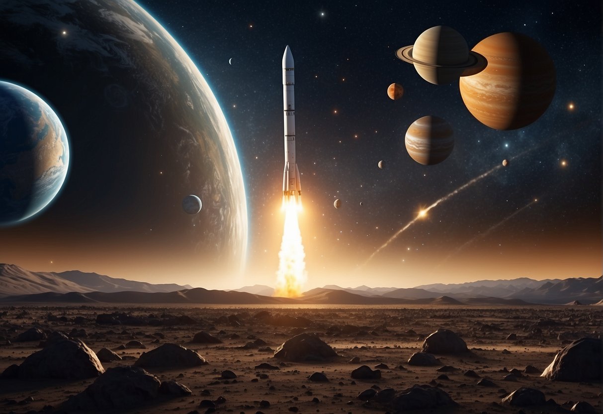 A rocket launches into space, passing by planets and stars. Educational posters and charts display the solar system and galaxies