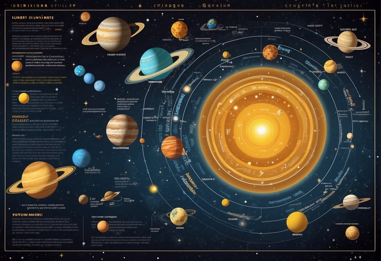 An educational poster and chart set on a classroom wall, with colorful illustrations of the solar system, galaxies, and scientific explanations