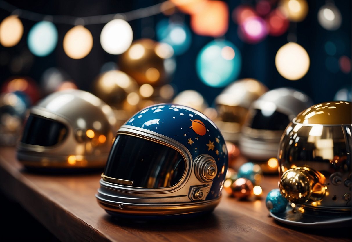 A table adorned with astronaut helmets, rocket ship centerpieces, and starry tablecloths. Planets and stars hanging from the ceiling. Space-themed party supplies neatly arranged on a nearby shelf