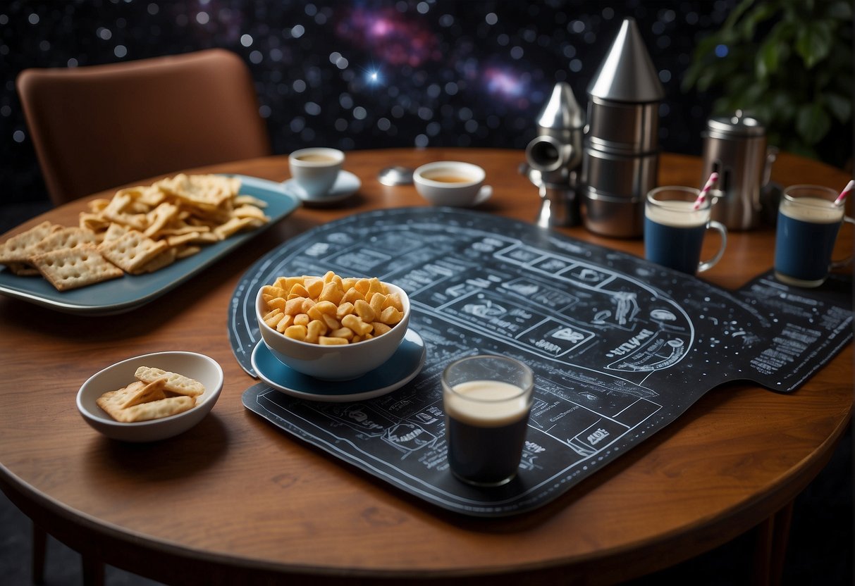 A table is covered with space-themed plates, cups, and napkins. A chalkboard displays a menu of "galactic" snacks and drinks. A rocket-shaped centerpiece completes the scene