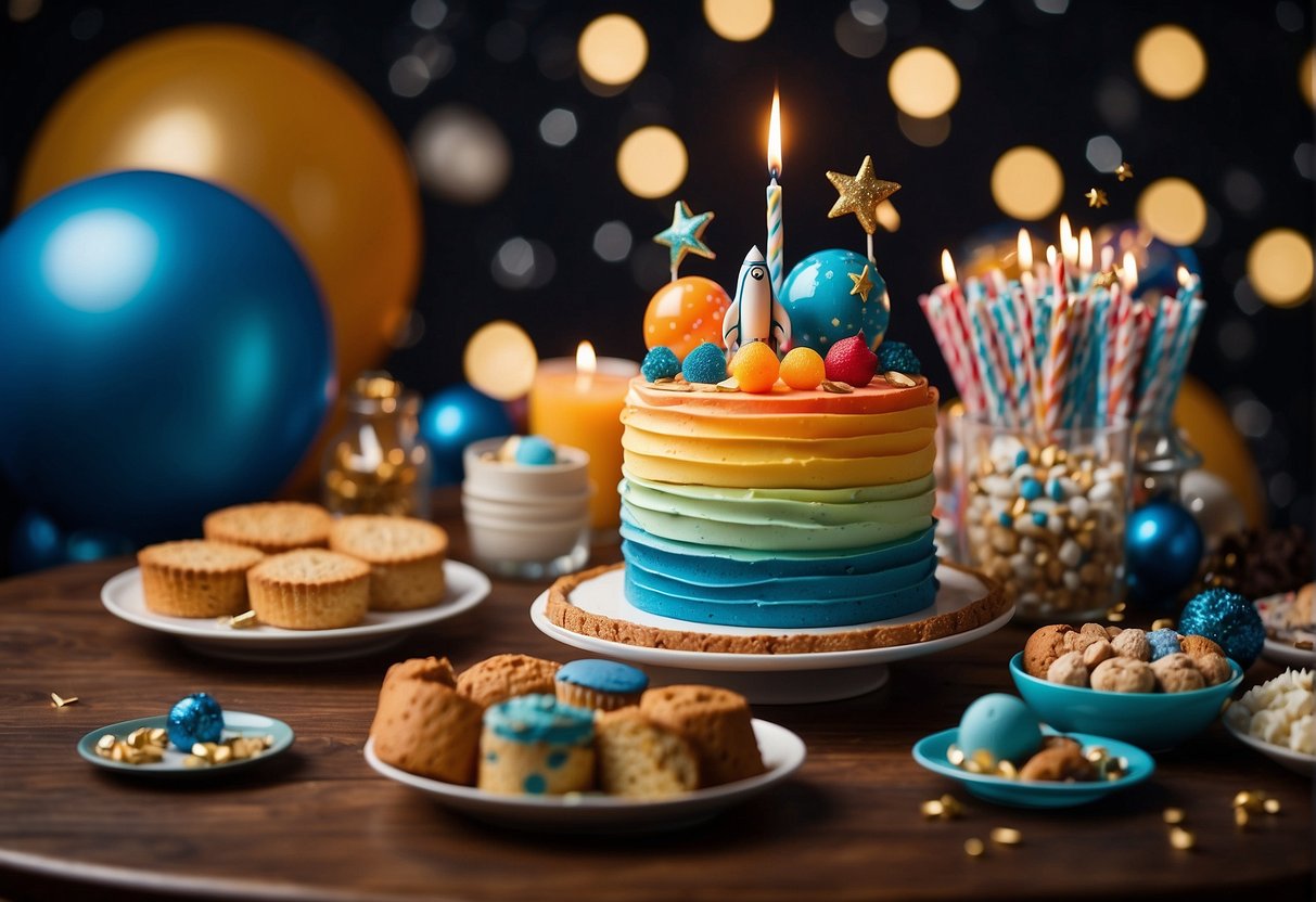 A colorful space-themed birthday cake sits on a table surrounded by assorted desserts and party supplies. The cake features stars, planets, and a rocket ship, adding to the festive atmosphere
