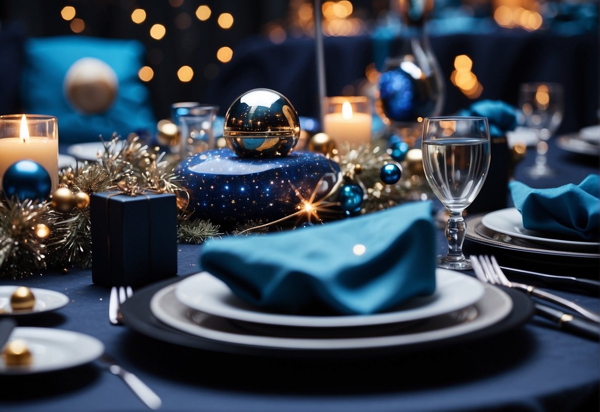 A table adorned with space-themed decorations, party favors, and essential supplies for a space-themed party