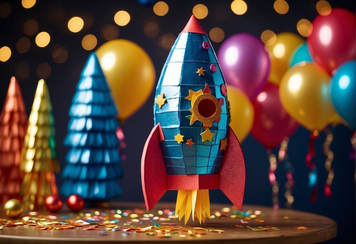 A rocket-shaped piñata hangs above a table adorned with space-themed decorations and party supplies. A banner reads "Space Party" while balloons and starry confetti complete the scene