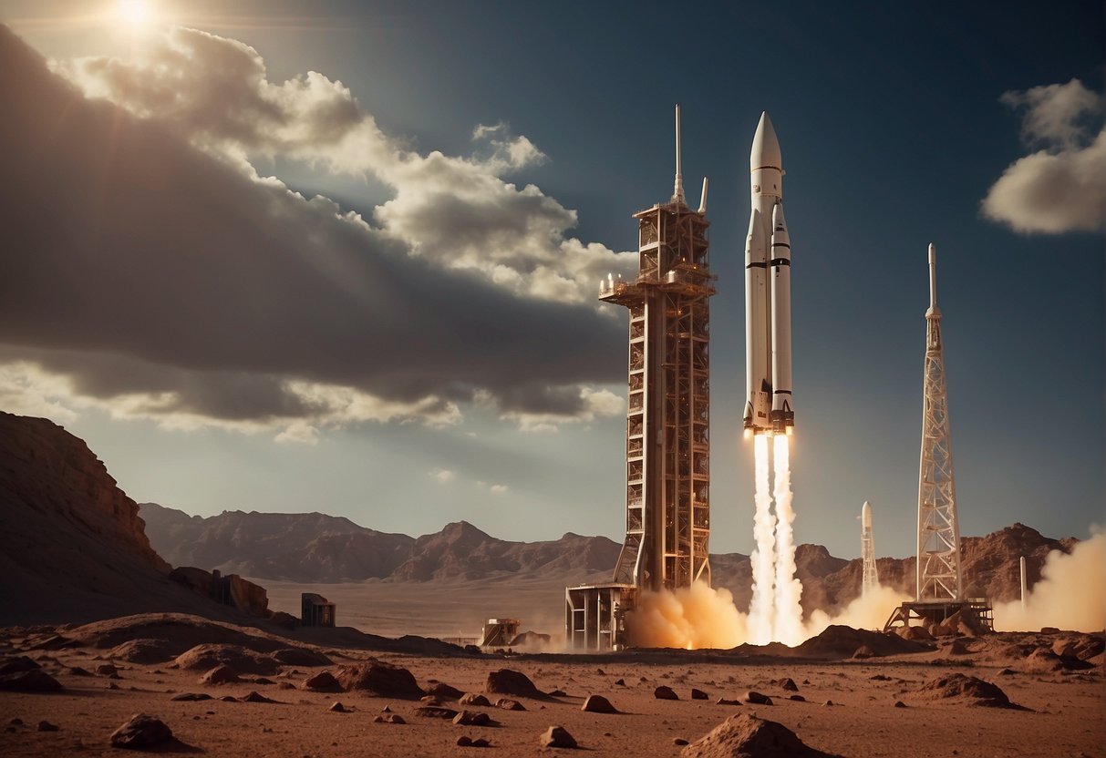 The Fascination with Mars   A rocket launches from Earth, soaring towards the red planet. The Martian surface is dotted with futuristic buildings and rovers exploring the rugged terrain