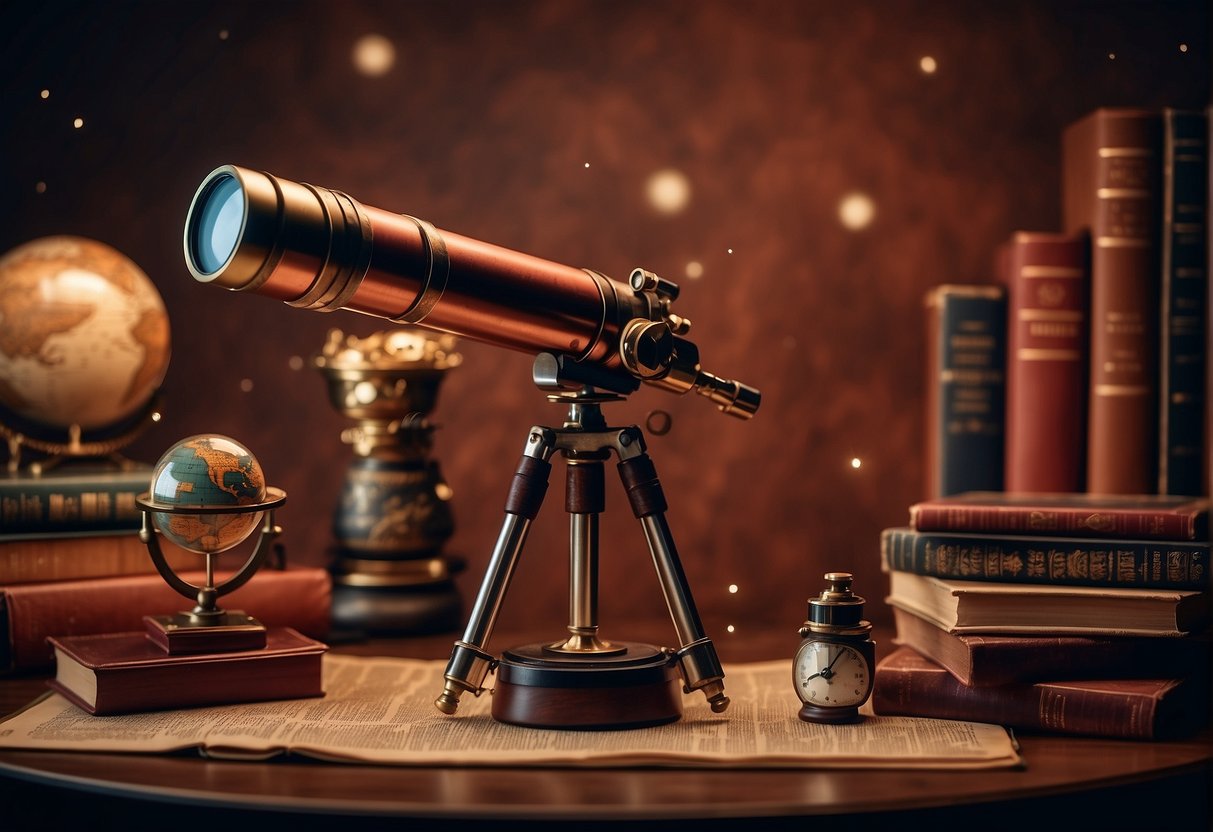 A telescope points towards Mars, surrounded by vintage books and scientific instruments. A model of the red planet sits on the table, inspiring futuristic product designs