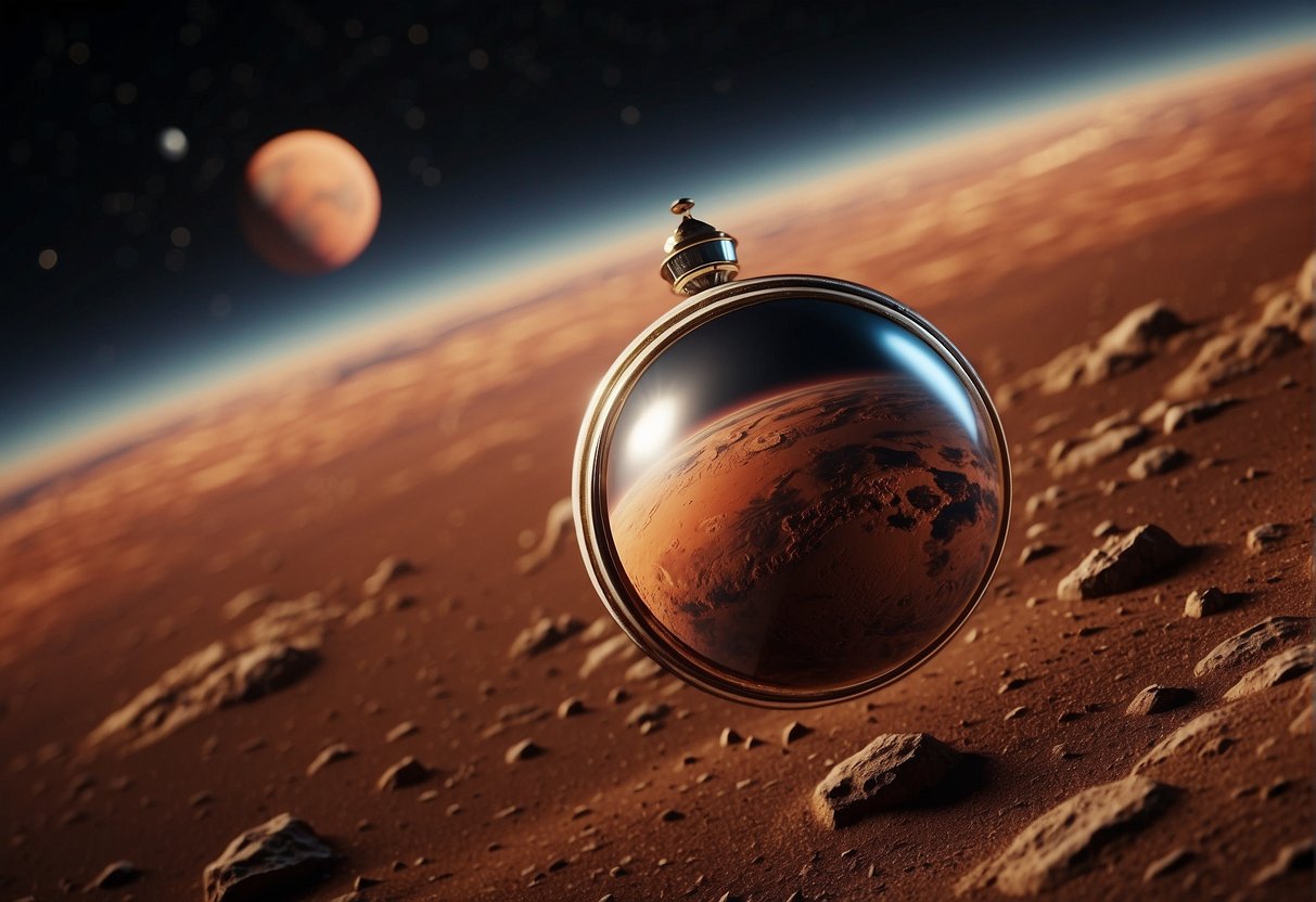 Mars and Earth in space with red planet as focal point. Inspired products surround, showcasing fascination with Mars