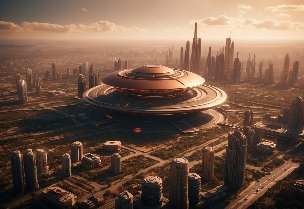 A futuristic city skyline with sleek, red-toned architecture and hovering spacecraft, showcasing products and technology inspired by Mars