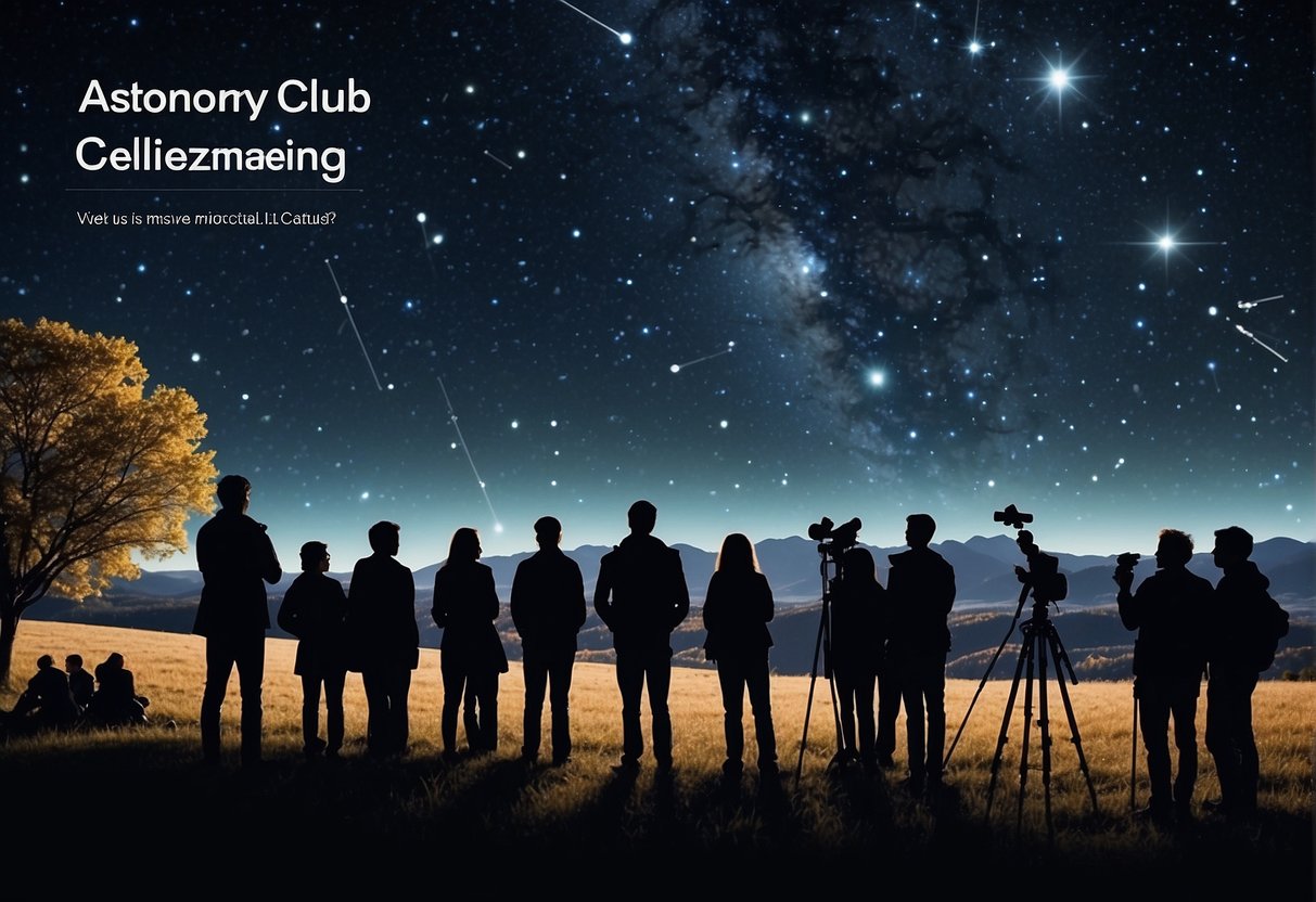 Astronomy Clubs A group of people gather under the night sky, pointing at constellations and telescopes set up for stargazing. A banner reads "Astronomy Club Meeting - Join us!"