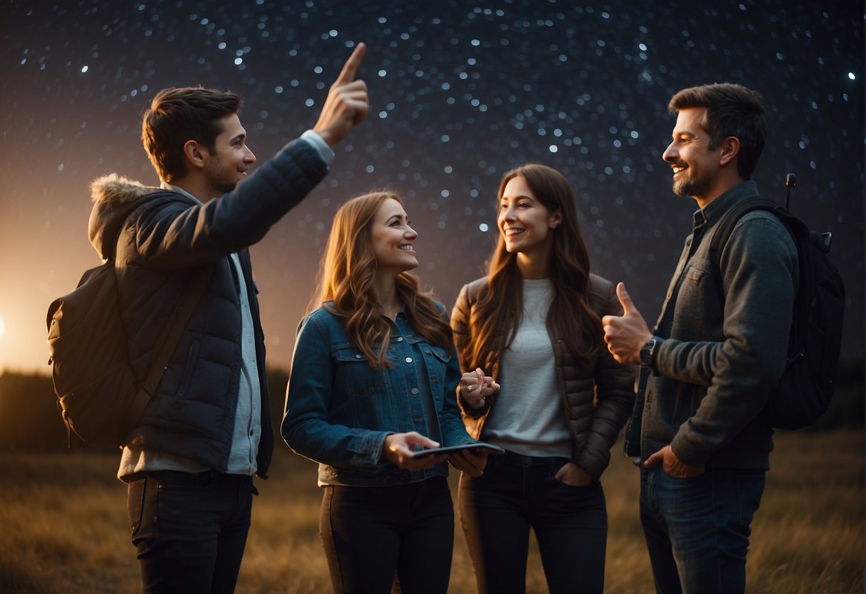 A group of people gathered under the night sky, pointing at constellations and discussing astronomy. A telescope and educational materials are displayed nearby
