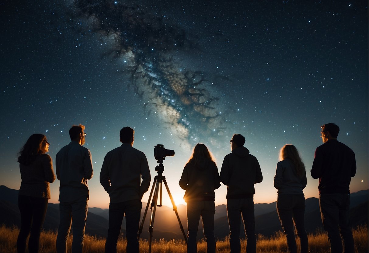 A group of diverse individuals gather under a starry night sky, telescopes pointed upwards. They share knowledge and excitement about the cosmos