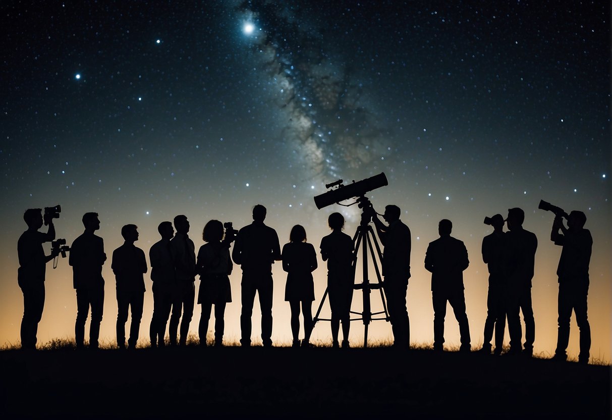Astronomy club members gather under the night sky, telescopes pointed upwards. A diverse group discusses and shares knowledge, welcoming new members