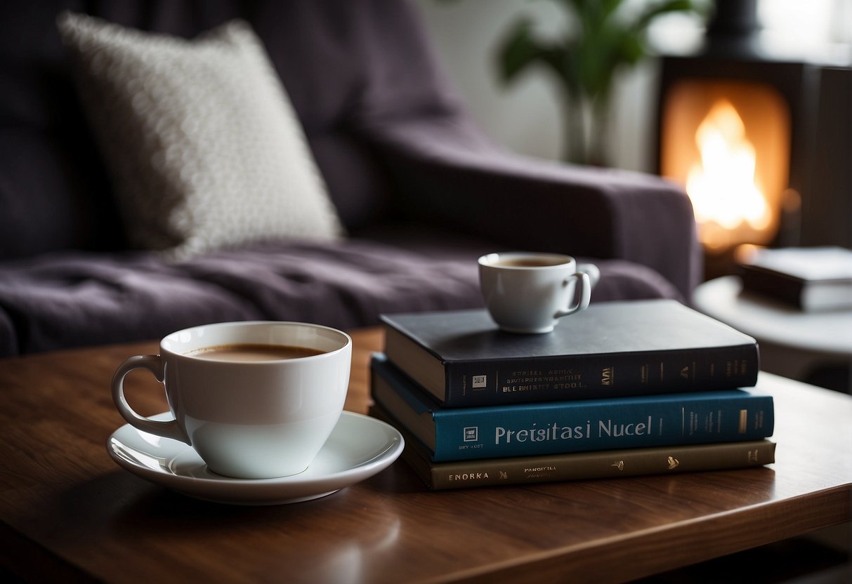 A sleek coffee table with a stack of space photography books, a warm cup of coffee, and a cozy blanket nearby