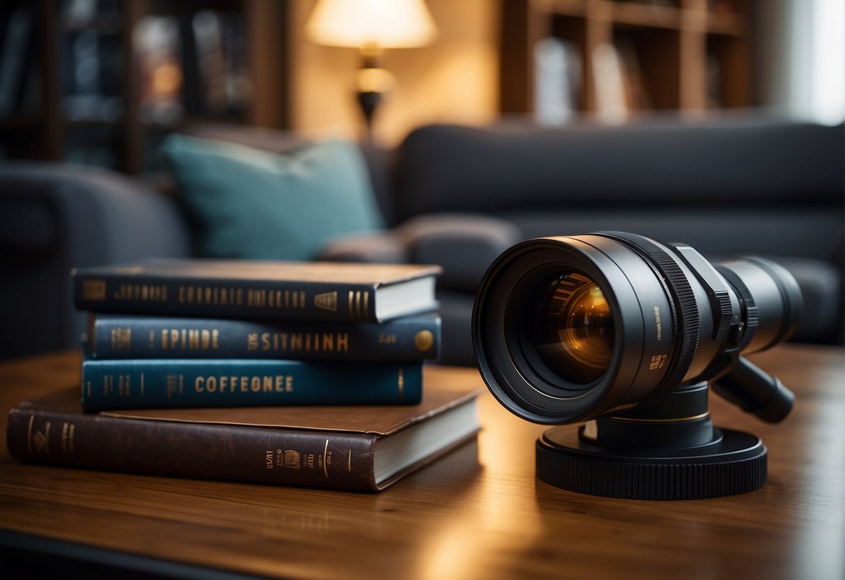 A telescope aimed at the night sky, capturing stars and galaxies. A stack of space photography books on a coffee table