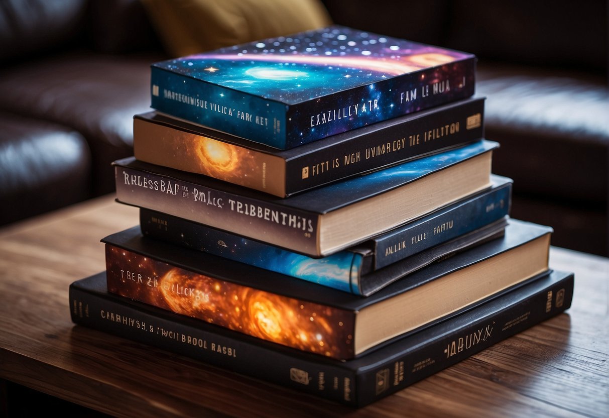 A collection of space photography books arranged on a coffee table, with vibrant images of galaxies, planets, and nebulae on their covers