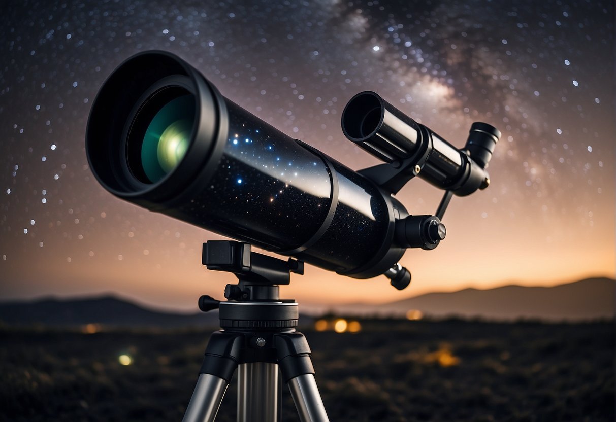 A telescope points towards the night sky, capturing the cosmic beauty of stars and galaxies. A camera sits nearby, ready to capture stunning space photography