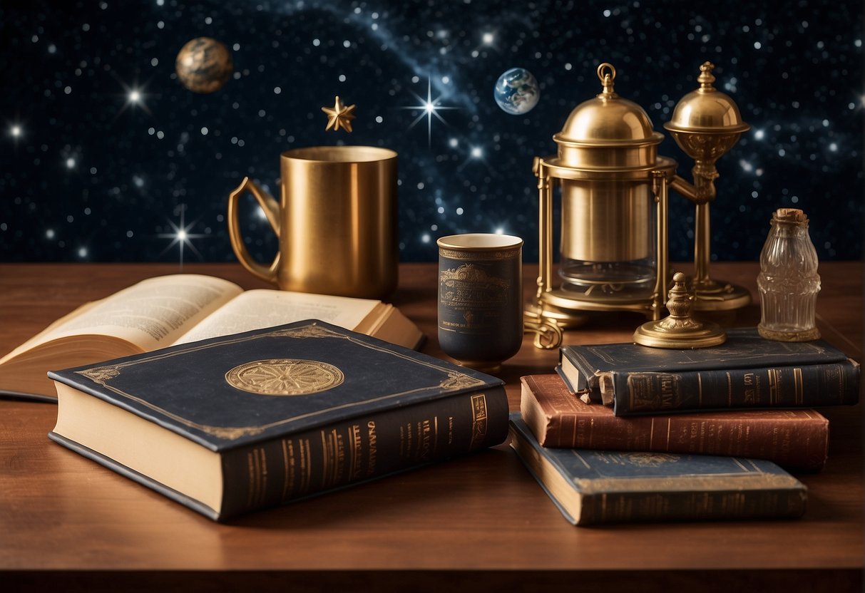 A coffee table adorned with books on space photography, surrounded by decorative elements like a telescope, star maps, and celestial-themed decor