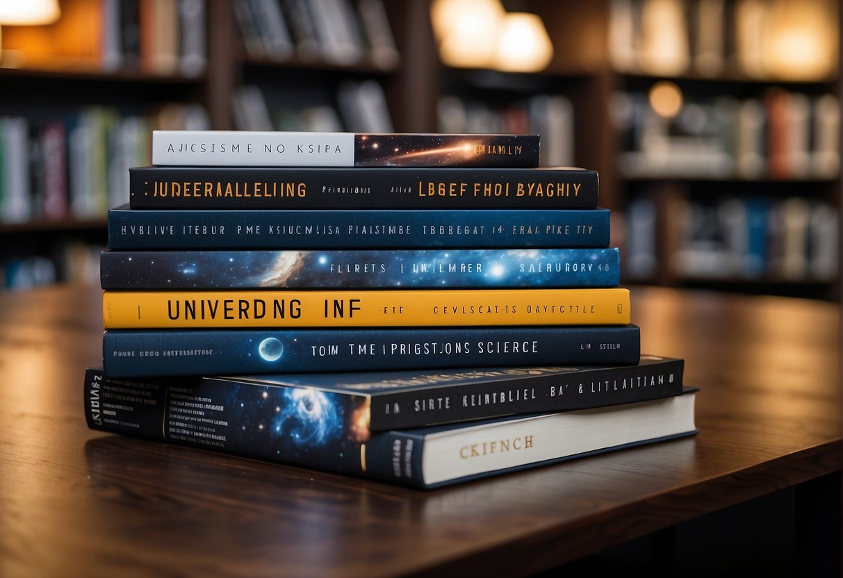 A collection of space photography books arranged on a coffee table, with titles like "Understanding the Universe" and "Essays and Science in Space Photography" prominently displayed