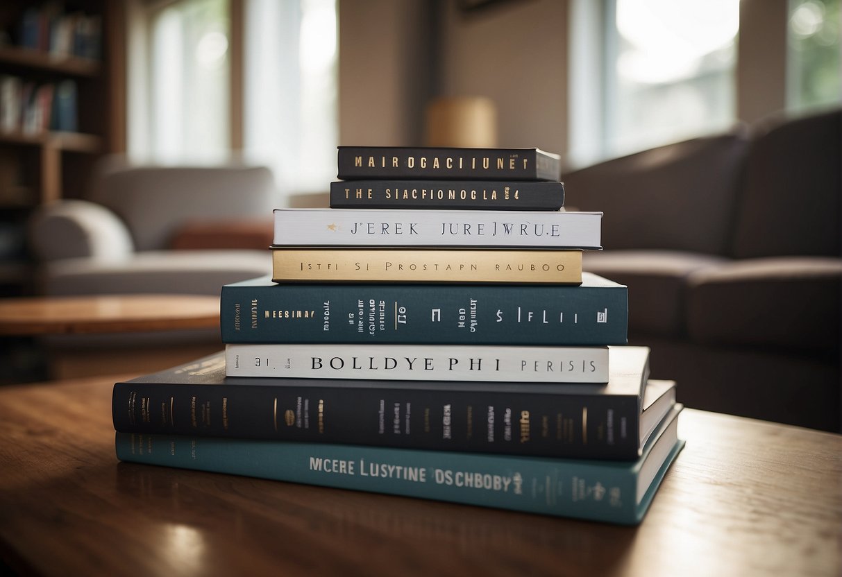 A stack of space photography books arranged on a coffee table, with a cozy living room setting in the background