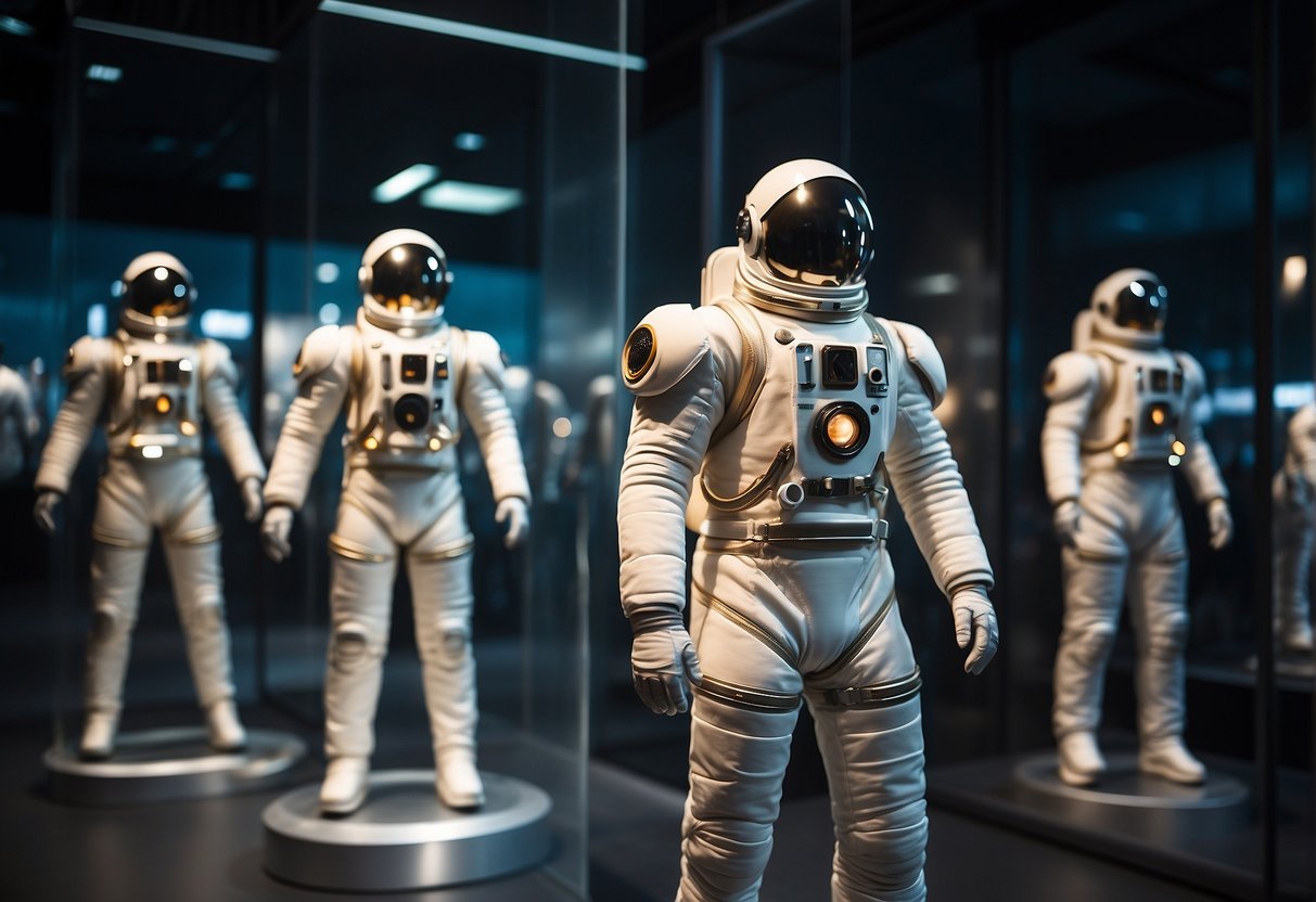 The Evolution of Space Suits A series of space suits, from bulky Mercury designs to sleek Artemis models, displayed on mannequins in a museum exhibit