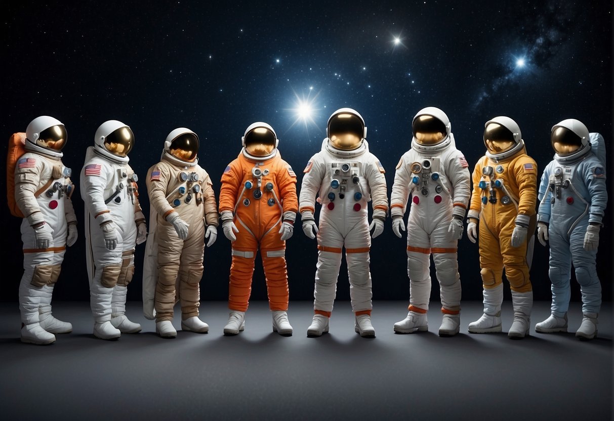 A timeline of spacesuit designs, from Mercury to Artemis, displayed against a backdrop of stars and planets. Various iterations of suits are shown, highlighting the international collaboration in their development