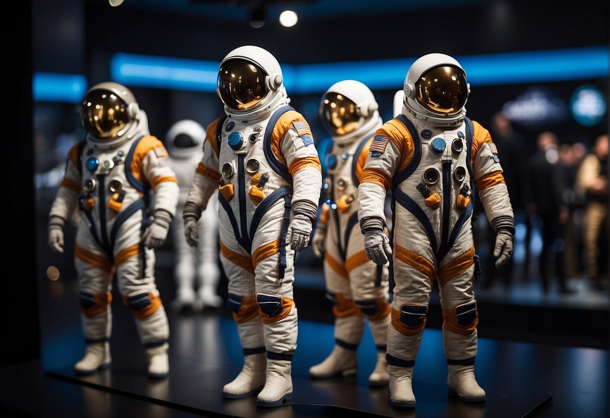 A display of space suits from Mercury to Artemis, showcasing the evolution of design and technology in space exploration