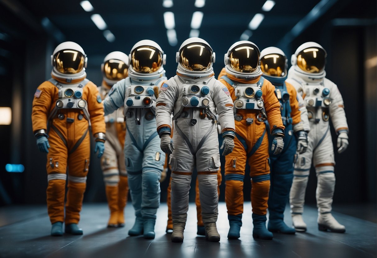 A timeline of space suits, from Mercury to Artemis, surrounded by cultural and media influences