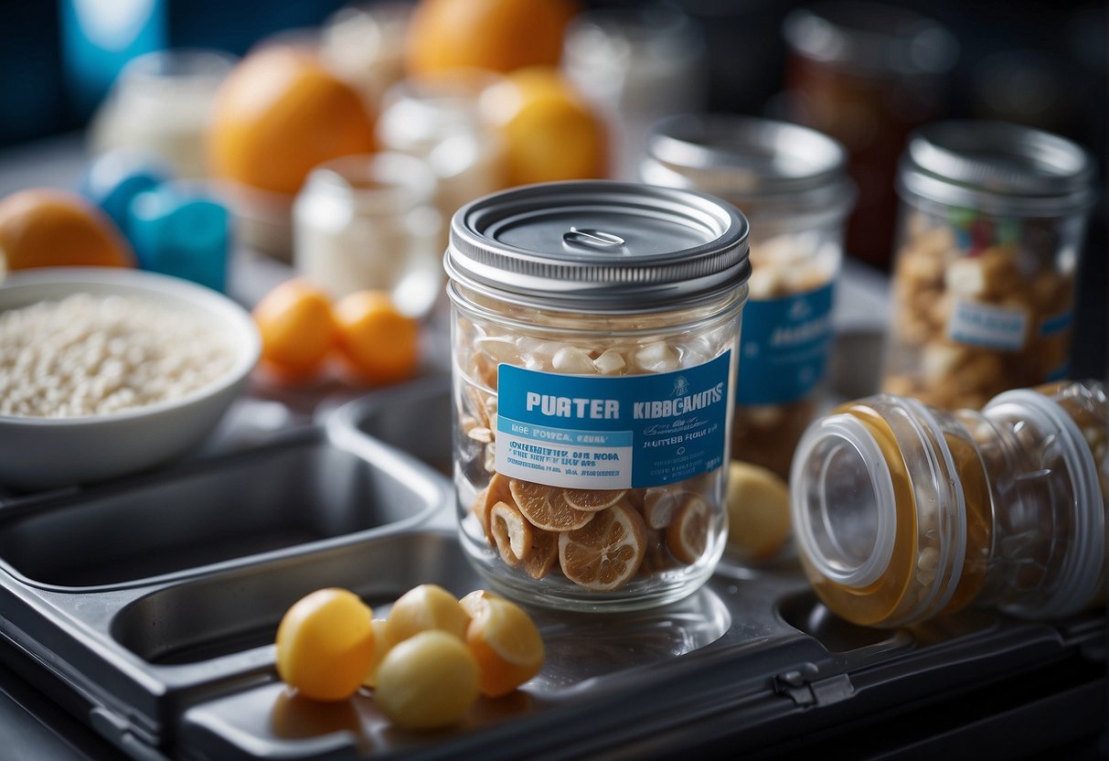 Astronaut food floats in zero gravity, sealed in pouches with colorful labels. Tubes and cans of nutrient-rich liquids line the walls, ready to be rehydrated and consumed in the vacuum of space