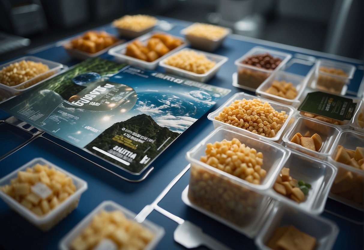 Astronaut food production: ingredients floating in zero gravity, equipment secured with straps, labeled packages, and a view of Earth in the background