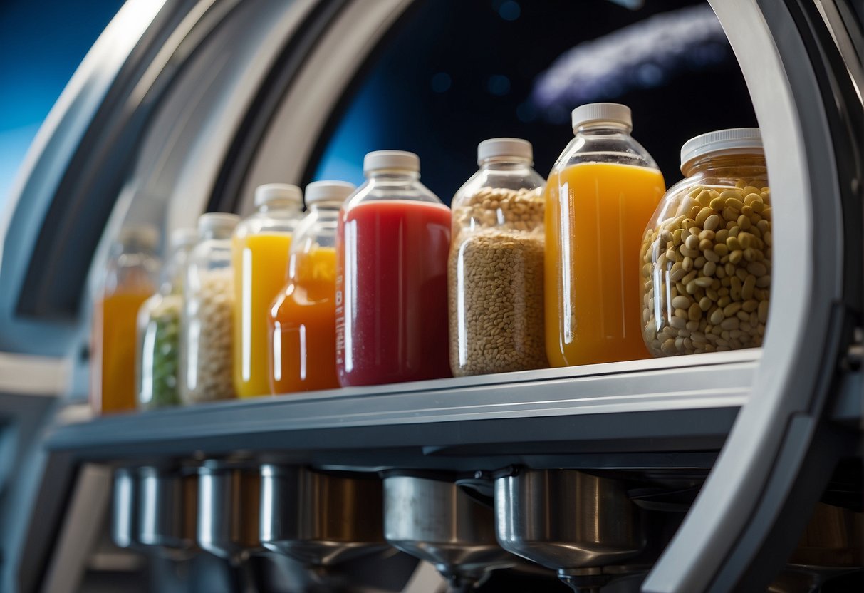 Various beverages and condiments float in zero gravity, surrounded by pouches and tubes of space food. The scene is set against the backdrop of a space station or spacecraft interior