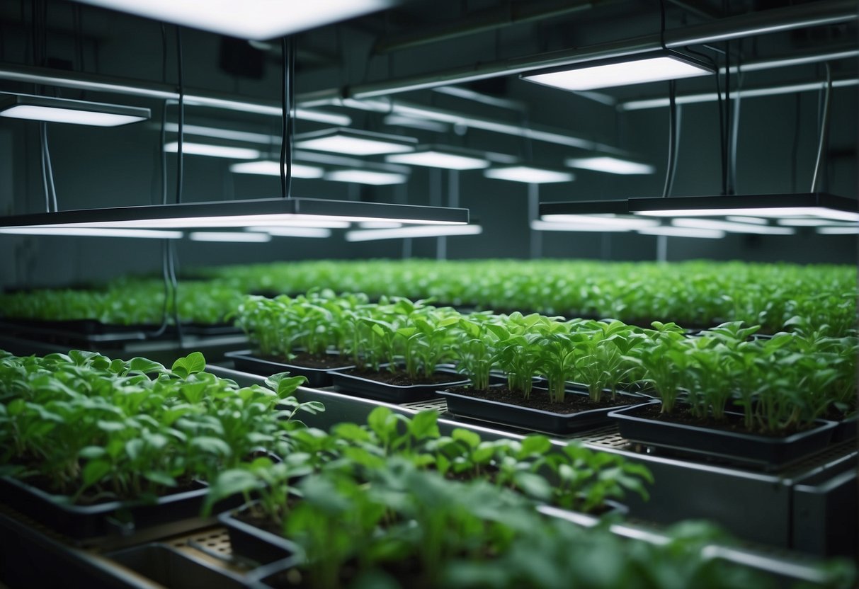 Plants grow in a controlled environment with specialized equipment. Tubes, lights, and nutrient solutions support the growth of leafy greens and other crops