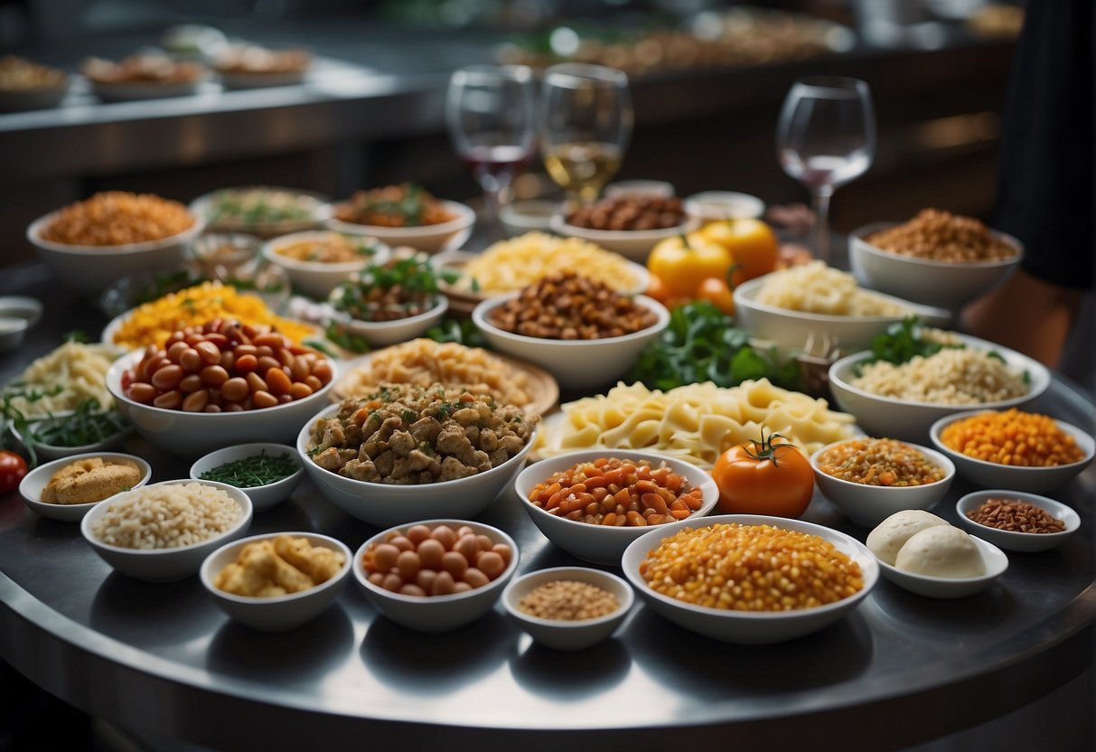 A table displays diverse international dishes, representing cultural influence on space food. Ingredients and utensils are arranged for preparation