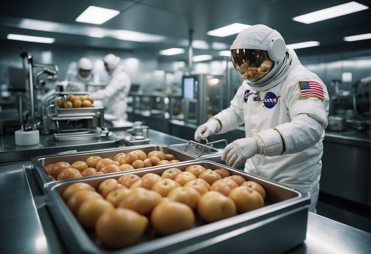 Astronaut food production depicted in a sterile, high-tech environment with various machines and equipment used to prepare and package space meals