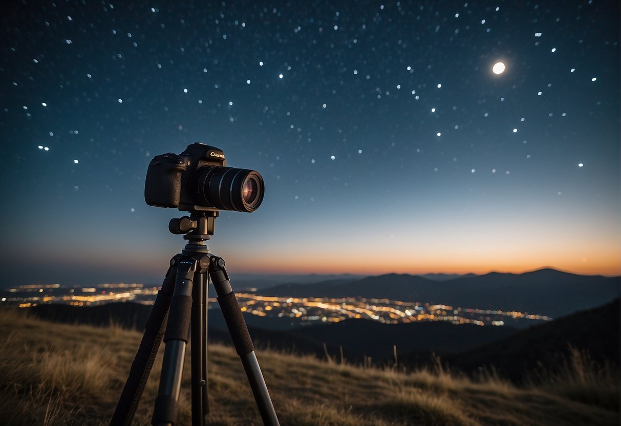 The camera stands on a tripod, pointed towards the night sky. Stars twinkle above, while the moon casts a soft glow on the landscape