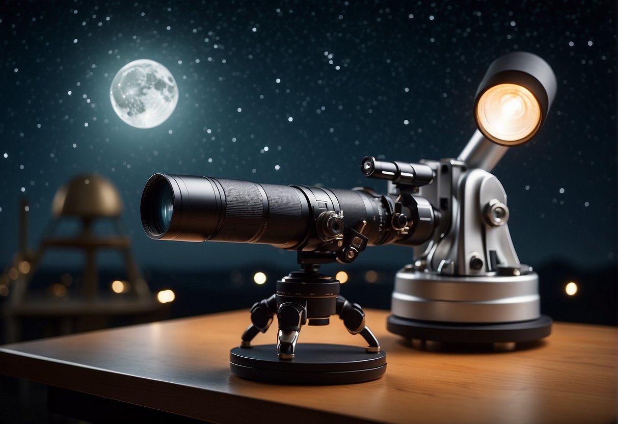 A telescope points towards the night sky, capturing a distant galaxy. A vintage camera sits on a table, while a modern digital camera is held by a robotic arm