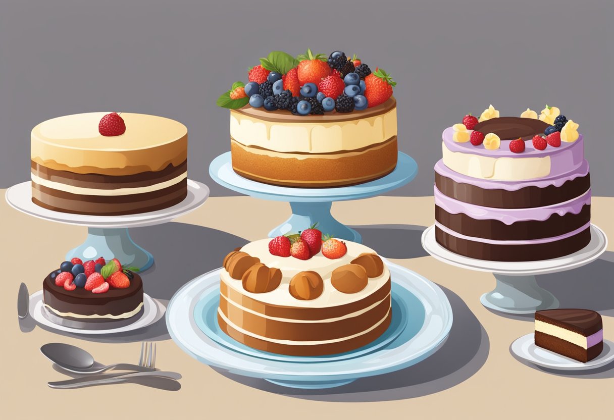 A table set with various types of cakes: layer cake, sponge cake, cheesecake, and bundt cake. Each cake is displayed on a separate cake stand, decorated with frosting, fruit, or chocolate